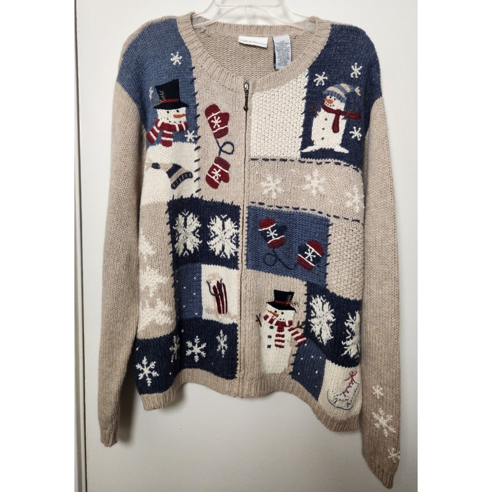 Croft & Barrow Holiday Patchwork Winter Full Zip Cardigan Sweater Snowman Lrg‎